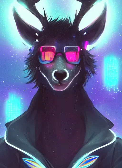 Image similar to award winning beautiful portrait commission of a male furry anthro Black Reindeer cyberpunk fursona with a tail, wings, wings, wings and a cute beautiful attractive detailed furry face wearing stylish black and rainbow galaxy clothes, outline, in a cyberpunk city at night while it rains. Character design by charlie bowater, ross tran, artgerm, and makoto shinkai, detailed, inked, western comic book art