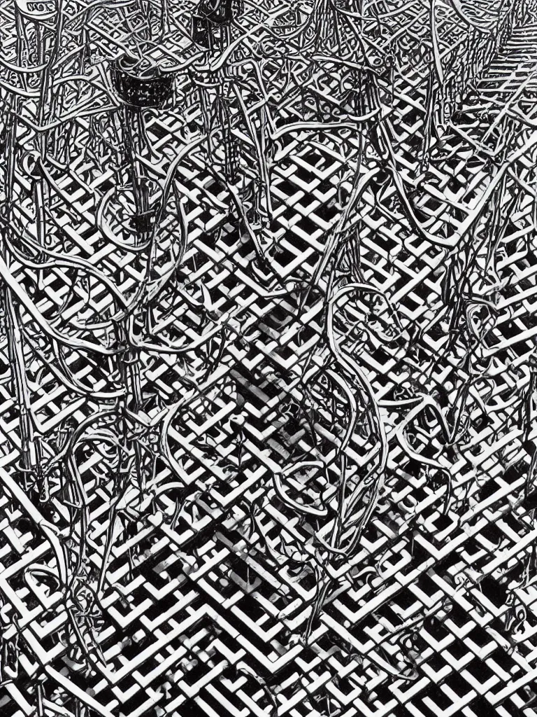 Prompt: intricate architectural latticework of alien bones by M.C. Escher