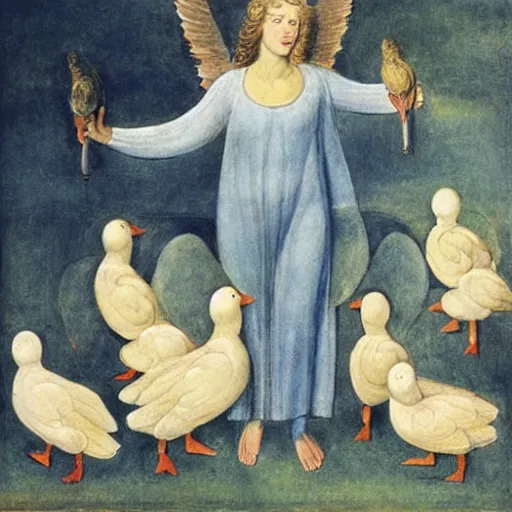 Prompt: biblical angel with ducks, by jean deville, by william blake, oil on canvas