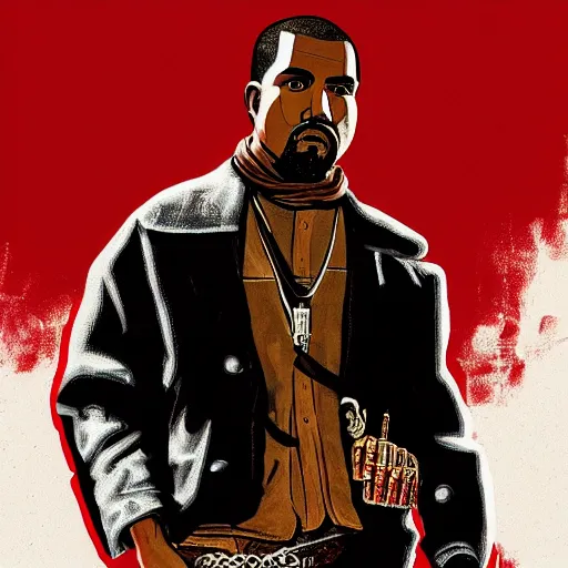 Image similar to portrait of kanye west in stephen bliss illustration red dead redemption 2 artwork of kanye west, in the style of red dead redemption 2 loading screen, by stephen bliss