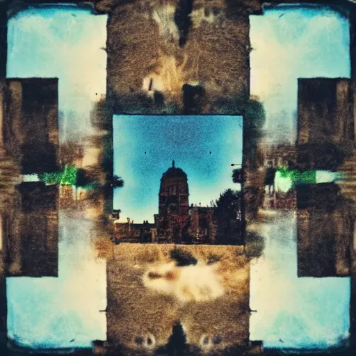 Image similar to polaroid of a beautiful square in a dream, collage, reflection, double exposure, gradient, chromatic aberration, fog, cinematographic