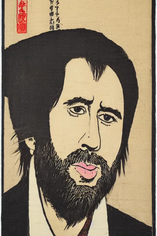 Image similar to Portrait of Nicholas Cage, Japanese coloured woodblock print