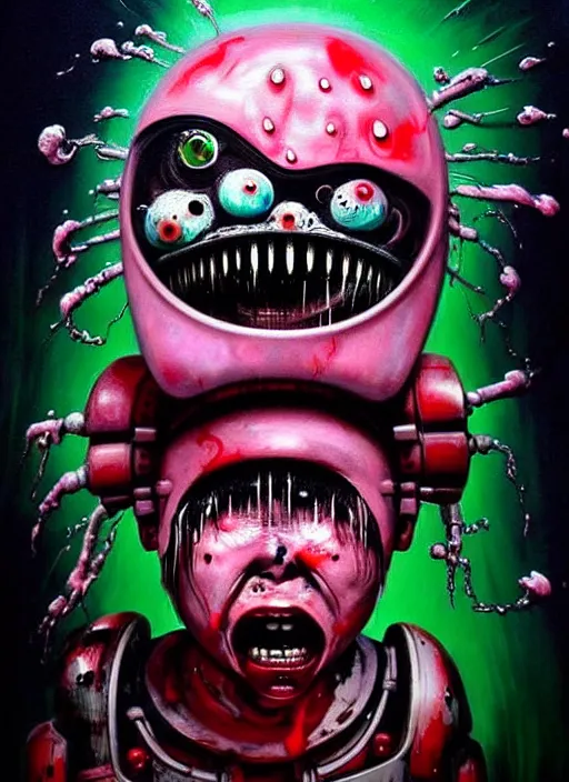Prompt: a dramatic emotional hyperrealistic pop surrealist oil panting of a sad sobbing grotesque kawaii mecha musume figurine caricature screaming with a scrunched up red face uglycrying wrinkly featured in dead space by h r giger made of dripping paint splatters in the style of akira, 🤬 🤮 💕 🎀