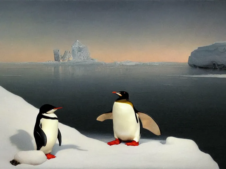 Image similar to an oil painting of a penguin playing in pure white snow on an iceberg in a serene ocean at dusk. aurora. by tuomas korpi moebius and carl spitzweg. baroque elements. intricate artwork by caravaggio. oil painting. oil on canvas. award winning. dramatic. trending on artstation. 8 k