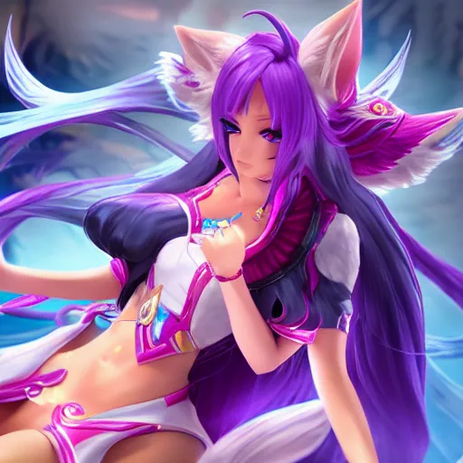 Image similar to ahri, official art, render, highly detailed