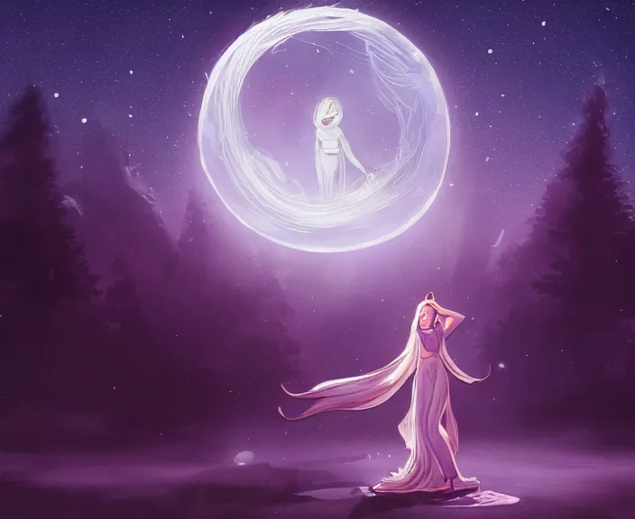 Image similar to an illustration of a mystical spiritual scene with a young woman in it, with starry dusted light and a moon, purple - tinted, high contrast, highly detailed, sharp focus, digital painting, illustration, trending on artstation,