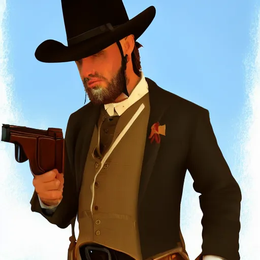 Image similar to well dressed preacher in the wild west holding a gun, 8k, artstation