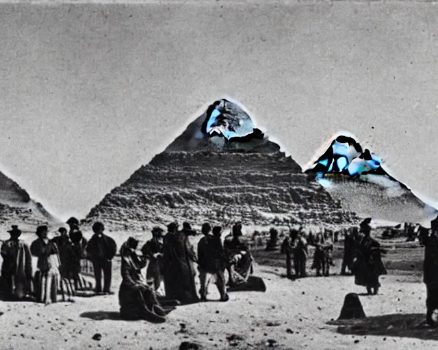 Image similar to a photo from the early 1800s of people examining a spaceship in front of the Pyramids at Giza