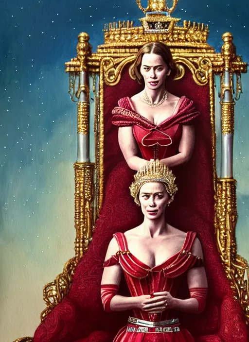 Image similar to portrait of emily blunt as queen on a throne, jewelry, greek, ruby, victorian age, 1 8 9 0, intricate, headshot, key visual, conceptart, ambient lighting, highly detailed, digital painting, artstation, concept art, sharp focus, by makoto shinkai and akihiko yoshida and greg manchess