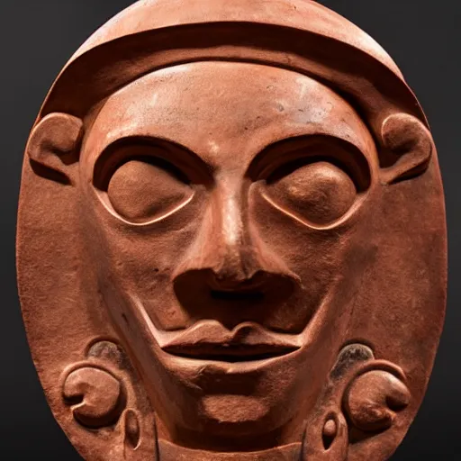 Prompt: funerary mask of benjamin netanyahu. moche style, copper, product photography