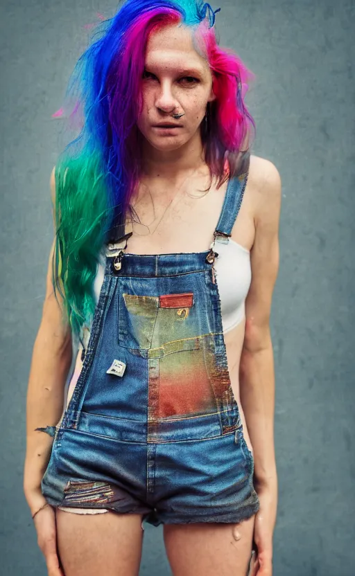 Image similar to grungy woman, rainbow hair, soft eyes and narrow chin, dainty figure, wet t-shirt, torn overalls, skimpy shorts, Sony a7R IV, symmetric balance, polarizing filter, Photolab, Lightroom, 4K, Dolby Vision, Photography Award