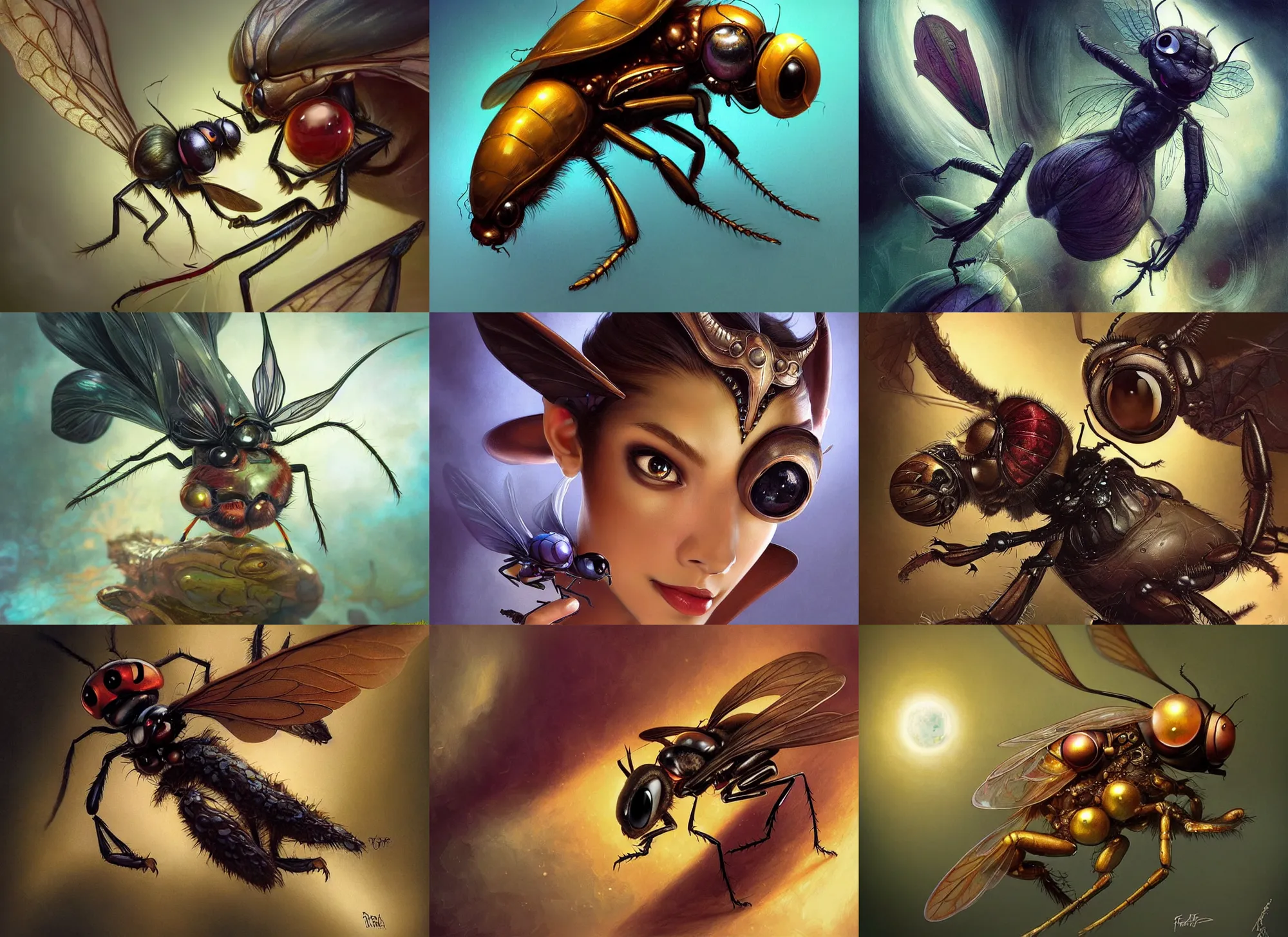 Prompt: an anthropomorphic fly with big eyes getting swatted, diffuse lighting, fantasy, intricate, elegant, highly detailed, lifelike, photorealistic, digital painting, artstation, illustration, concept art, smooth, sharp focus, art by frank frazetta and marco bucci and loish and rossdraws and artgerm and alphonse mucha