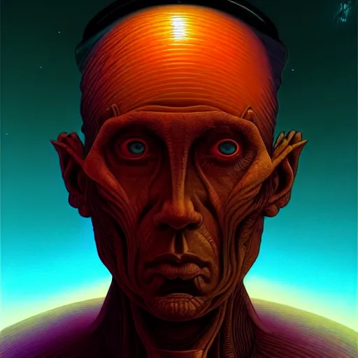 Image similar to scifi character portrait of man in the style of android jones and zdzislaw beksinski, 1 / 4 headshot.