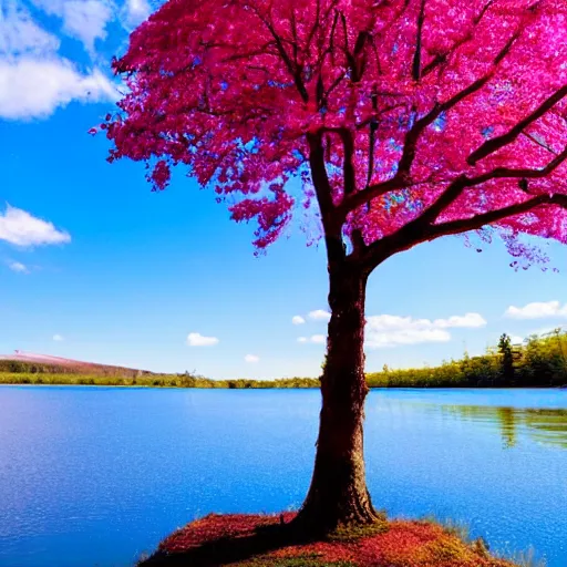 Image similar to Pink tree beside a large lake, landscape in the style of the lego movie