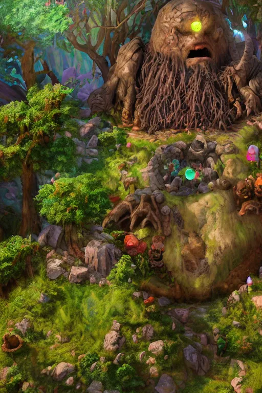 Image similar to zelda fantasy art giant golem elemental wood rock greeble gemstone enchanted forest troll, global illumination ray tracing hdr fanart arstation by sung choi and eric pfeiffer and gabriel garza and casper konefal bastion forged hardmesh lisa frank zbrush central radiating a glowing aura global illumination ray tracing hdr volume light