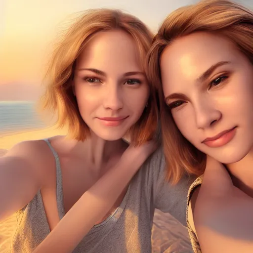 Prompt: beautiful serene intricate portrait of identical twin women, taking a selfie, smiling softly, relaxing on the beach, wearing casual clothes golden hour, soft focus, 8 k, art by irakli nadar, hyperrealism, hyperdetailed, ultra realistic