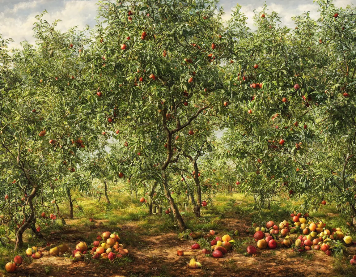 Prompt: hyper realistic oil painting of fruit orchard in garden of eden, hd, hdr, by stanisław wyspianski, ultra detailed, high resolution