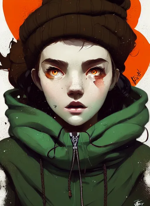 Image similar to highly detailed portrait of a sewer seattle young lady, tartan hoody, white afro hair by atey ghailan, by greg rutkowski, by greg tocchini, by james gilleard, by joe fenton, by kaethe butcher, gradient green, brown, blonde crea, orange and white color scheme, grunge aesthetic!!! ( ( graffiti tag wall background ) )