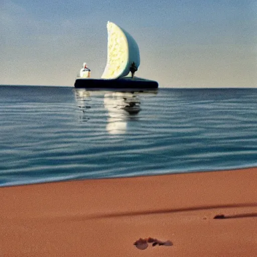 Image similar to a slice of cheese melting on the beach. big yacht on back scene. iphone photo. naturalism