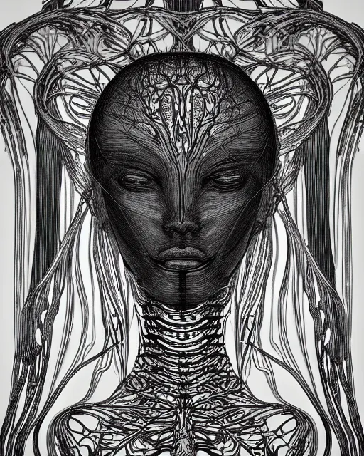 Prompt: mythical dreamy black and white organic bio - mechanical spinal ribbed profile face portrait detail of beautiful intricate monochrome angelic - human - queen - vegetal - cyborg with a visible detailed brain and neurons, highly detailed, intricate translucent jellyfish ornate, poetic, translucent microchip ornate, photo - realisitc artistic lithography in the style of fritz lang