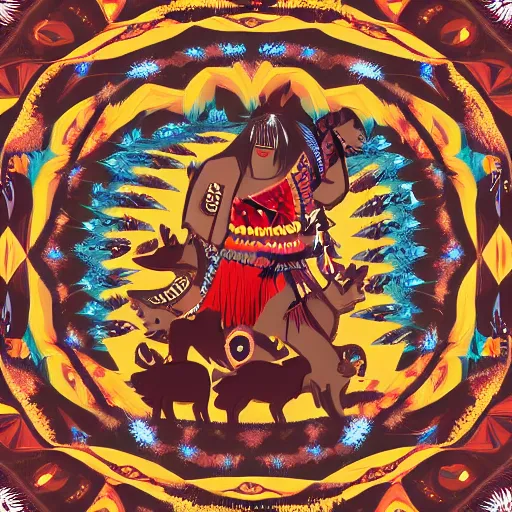 Prompt: Native american dancing around a fire with wolves, hd, intricate, 8k, digital art