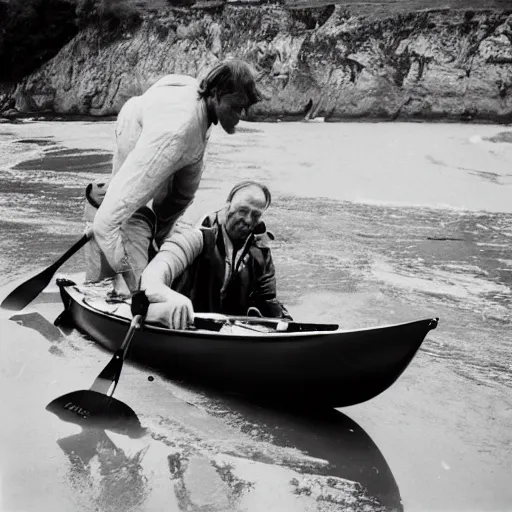 Image similar to mister rivers, johnny halliday and eddy barclay constructing a kayak in normandy, realistic, lomographie,