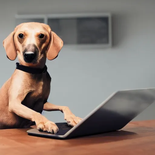 Prompt: a small yellow robot dog standing on a laptop on a desk