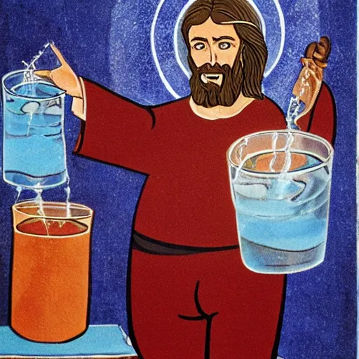 Image similar to jesus turns water into the kool - aid man