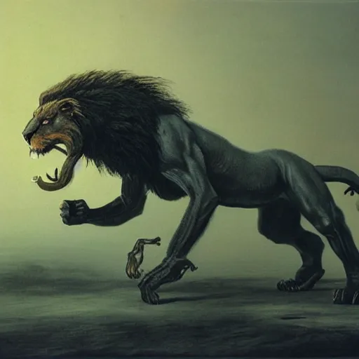 Prompt: manticore concept, lion body, scorpion tail, beksinski