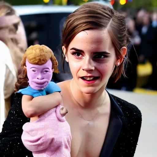 Prompt: Emma Watson holding a tiny Walter white