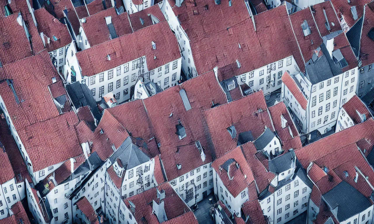 Prompt: hacker and wizard pull wires on roofs of copenhagen birdview, punchcard, read a directory book, nordic pastel colors, 3 d art, digital illustration, perfect lighting