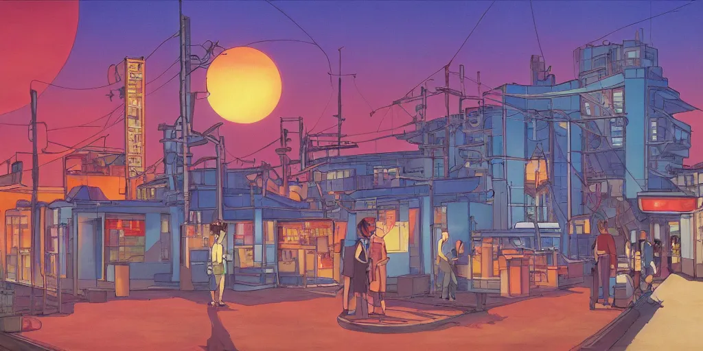 Image similar to fusion reactor, wonderous and magical, in an urban setting, sunset, by Studio Ghibli and Edward Hopper