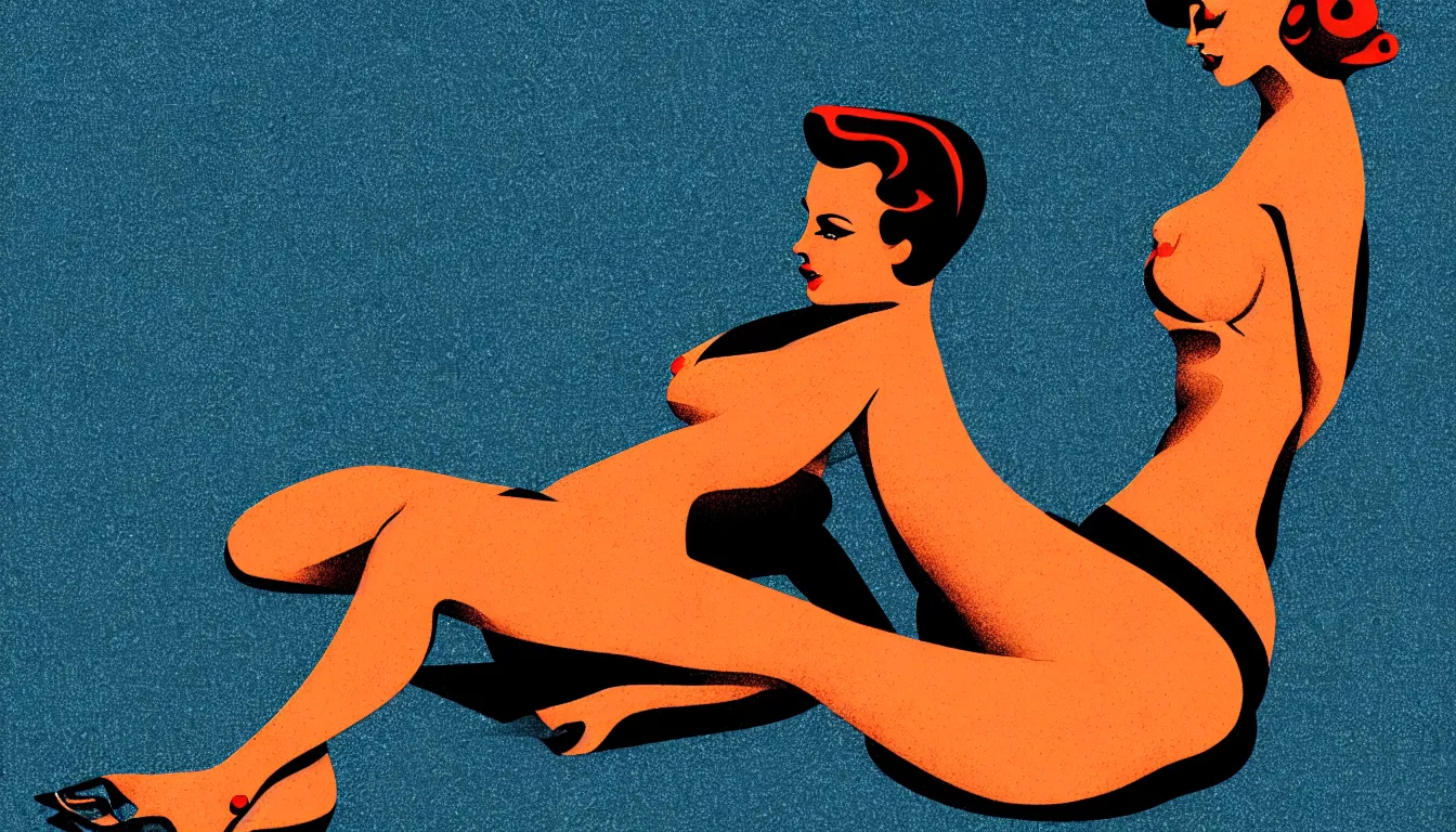 Prompt: pinup woman by the pool by mads berg, karolis strautniekas, film noir, stippled light, dramatic lighting, editorial illustration, detailed, fine texture, matte print, art deco, brutalism, dark blue + dark orange, red, black, ( ( habitat 6 7 background ) )