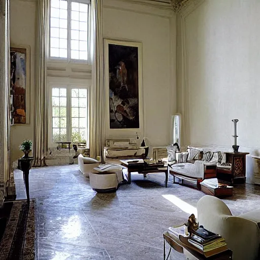 Image similar to giant Italian modern castle living room, clean minimalist design, that is 1300 feet tall, with very tall giant walls filled with modern art paintings, doors that are cosmic portals, photo by Annie Leibovitz