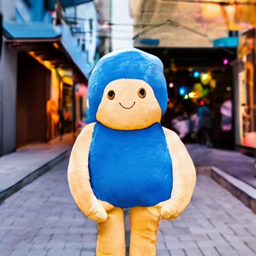 Prompt: blue'snappy gifts'human - sized plush doll, on sidewalk, holding gift, happy atmosphere, high detail, soft lighting, 8 k