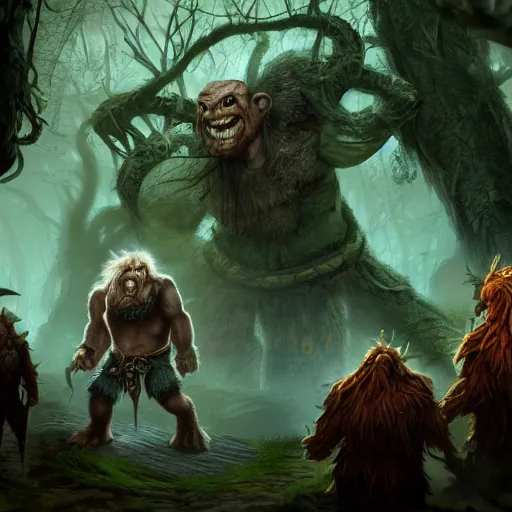 Image similar to giant dungeons and dragons ettin giant with many heads, ettin from dungeons and dragons, dnd in a dark forest, digital art, high quality render, artstation, 8 k, photograph quality, ultrahd