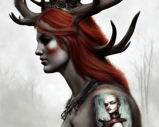 Prompt: 5 5 mm portrait photo of an armored gorgeous aesthetic redhead woman warrior with a face tattoo and antlers growing from her head and cat on her shoulder, in a magical forest. dark atmosphere. art by greg rutkowski. highly detailed 8 k. intricate. lifelike. soft light. nikon d 8 5 0.