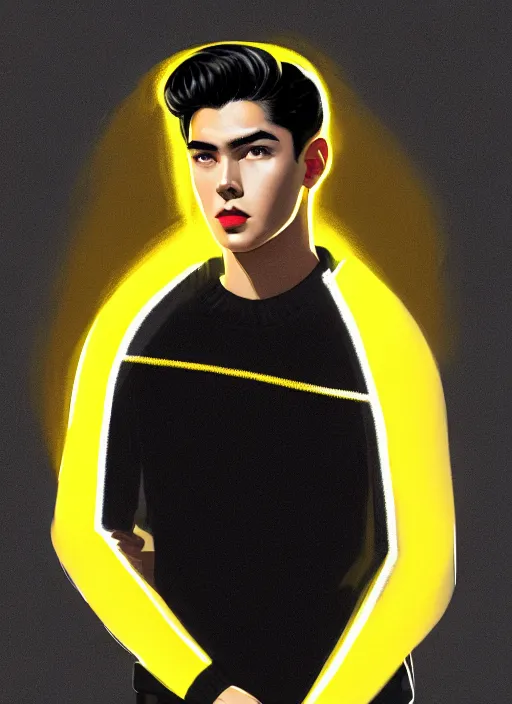 Image similar to portrait of young reggie mantle, mean smirk, egotistical, slicked back hair, striped yellow and black sweater, 1 9 5 0 s, intricate, elegant, glowing lights, highly detailed, digital painting, artstation, concept art, smooth, sharp focus, illustration, art by wlop, mars ravelo and greg rutkowski