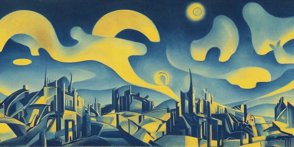 Prompt: a night landscape background in art deco surrealism expressionism