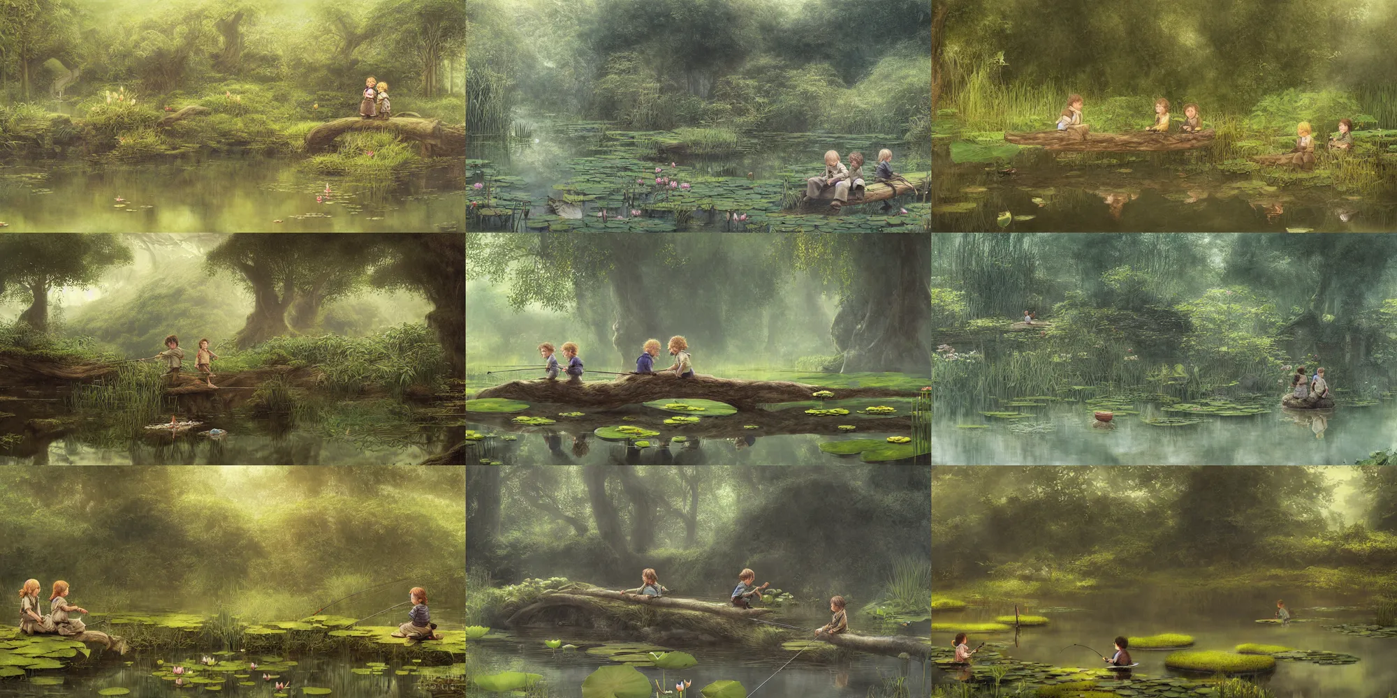 Prompt: two hobbit children with fishing poles sit on a log fishing in a mirror - like pond covered with lotus flowers, by alan lee, dark foggy forest background, sunlight filtering through the trees, digital art, art station.