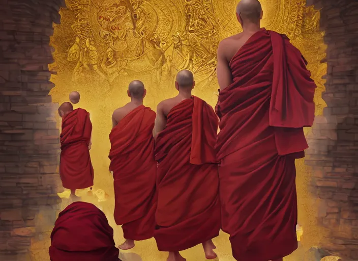 Image similar to buddhist monks dispelling evil spirits with the power of prayer, digital painting masterpiece, trending on artstation and pixiv