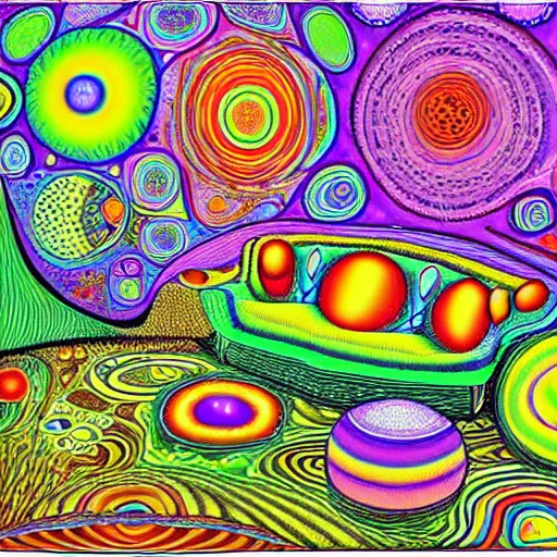 Image similar to psychedelic trippy couch in the lush forest, planets, flowers, mushrooms milky way, sofa, cartoon by ronald balfour