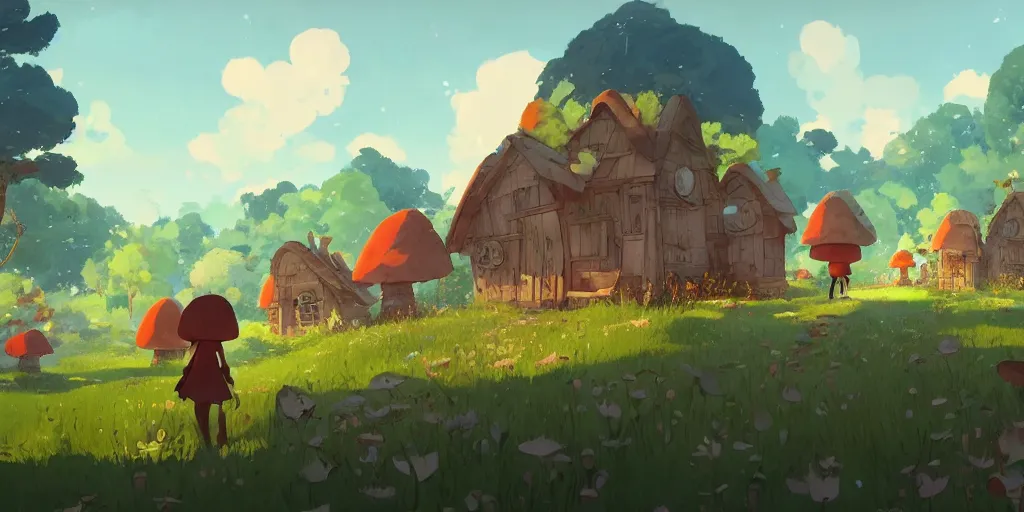 Image similar to small village made of mushroom houses by cory loftis & akihiko yoshida & james gilleard & atey ghailan & makoto shinkai & goro fujita & studio ghibli, rim light, exquisite lighting, clear focus, very coherent, plain background, soft painting, photorealistic, unreal engine 5, 4 k