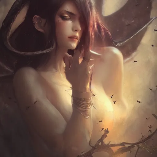 Image similar to a beautiful portrait of a succubus goddess with bats in the background and closed eyes by greg rutkowski and raymond swanland, trending on artstation, ultra realistic digital art