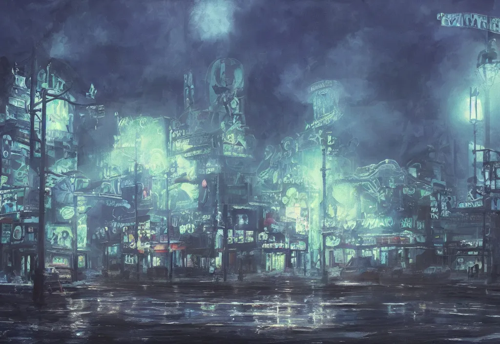 Image similar to A brilliant white castle in the distance, very dark with green lights, blue lights and purple lights, oil painting, dramatic lighting, Jakub Kasper, Makoto Shinkai, hyperrealistic, cinematic, elegant, intricate