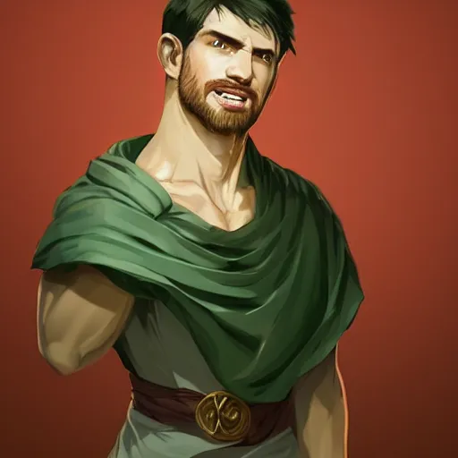 Prompt: a strong man with pale dull green skin and a warm smile, young man, wearing a toga, strong, scholarly, very short dark hair, peaceful, character art, full body art, Dungeons and Dragons, D&D, trending on artstation, artgerm, 4k ultra hd, sharp focus, digital art by Ilya Kuvshinov and Ross Tran