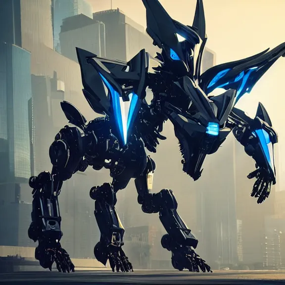 Prompt: cinematic full shot, of stunning beautiful quadrupedal robot mecha dragon god, sharp sleek edged black armor, shining gold accents around the edges, sharp mawshot, sleek OLED blue visor for eyes, sleek dragon legs, two massive wings that take up the frame, walking in busy neon city streets, epic shot, full body shot, highly detailed art, sci fi, furry, 3D realistic, warframe fanart, destiny fanart, furry art, dragon art, feral art, macro art, furaffinity, DeviantArt, sofurry