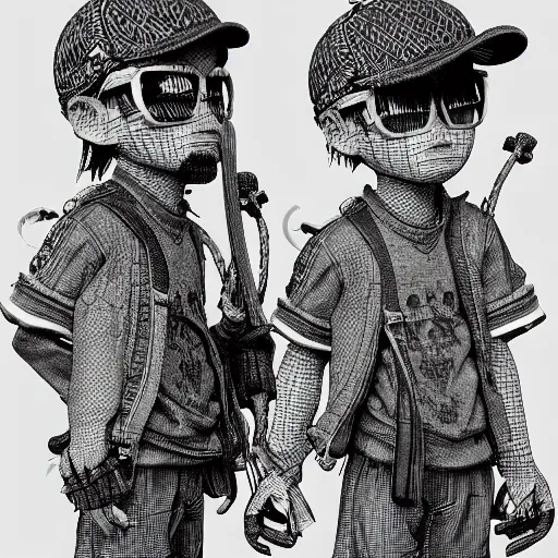 Image similar to rpg character concept art, twin brothers being cute and gangsta, intricate detail, in the style of jamie hewlett kawase hasui riyoko ikeda, 3 d render, artstation trending, 8 k, octane render, photorealistic, sharp detail, manga, black and white