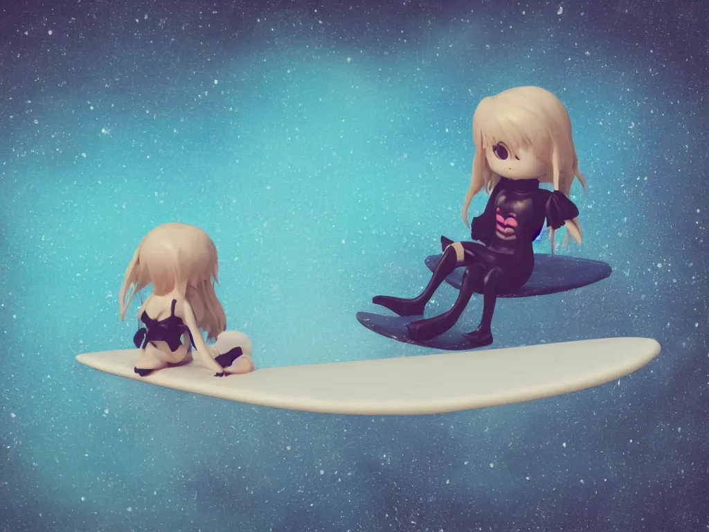 Image similar to cute fumo plush gothic maiden alien girl sitting on a surfboard in the waves of the dark galactic abyss, ocean waves and reflective splashing water, vignette, vray