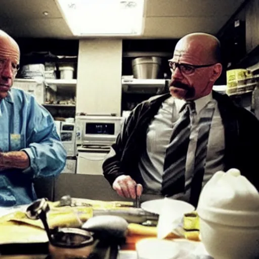 Image similar to “Very photorealistic screenshot of Joe Biden and Walter White cooking drugs in an episode of Breaking Bad, atmospheric lighting, award-winning”